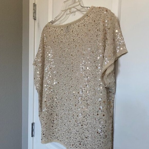 H and M Ivory Sequin Short Sleeve Boxy Blouse Top Medium - Picture 8 of 16